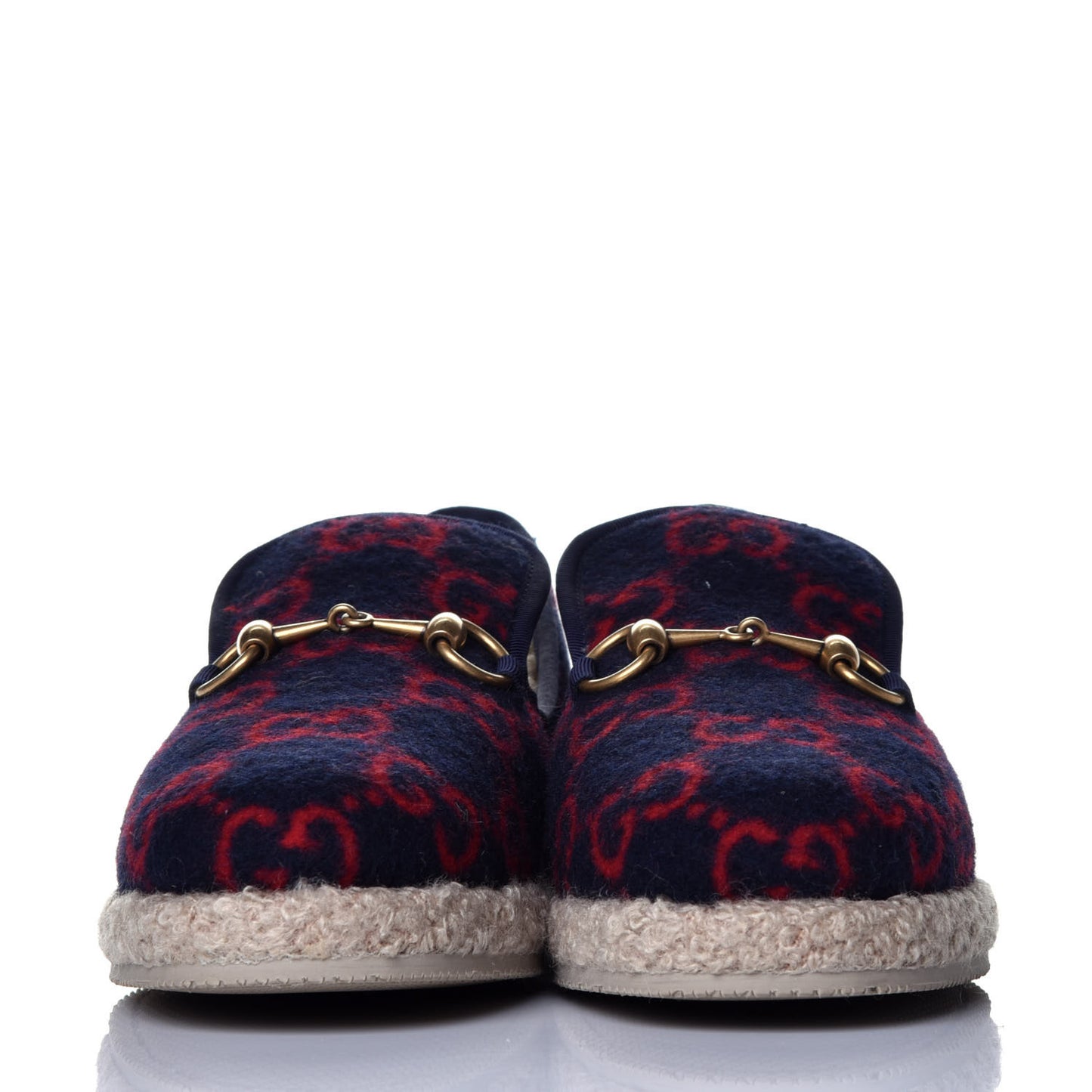 Covered Wool GG Monogram Womens Fria Horsebit Loafers 36 Blue Red Butterscotch
