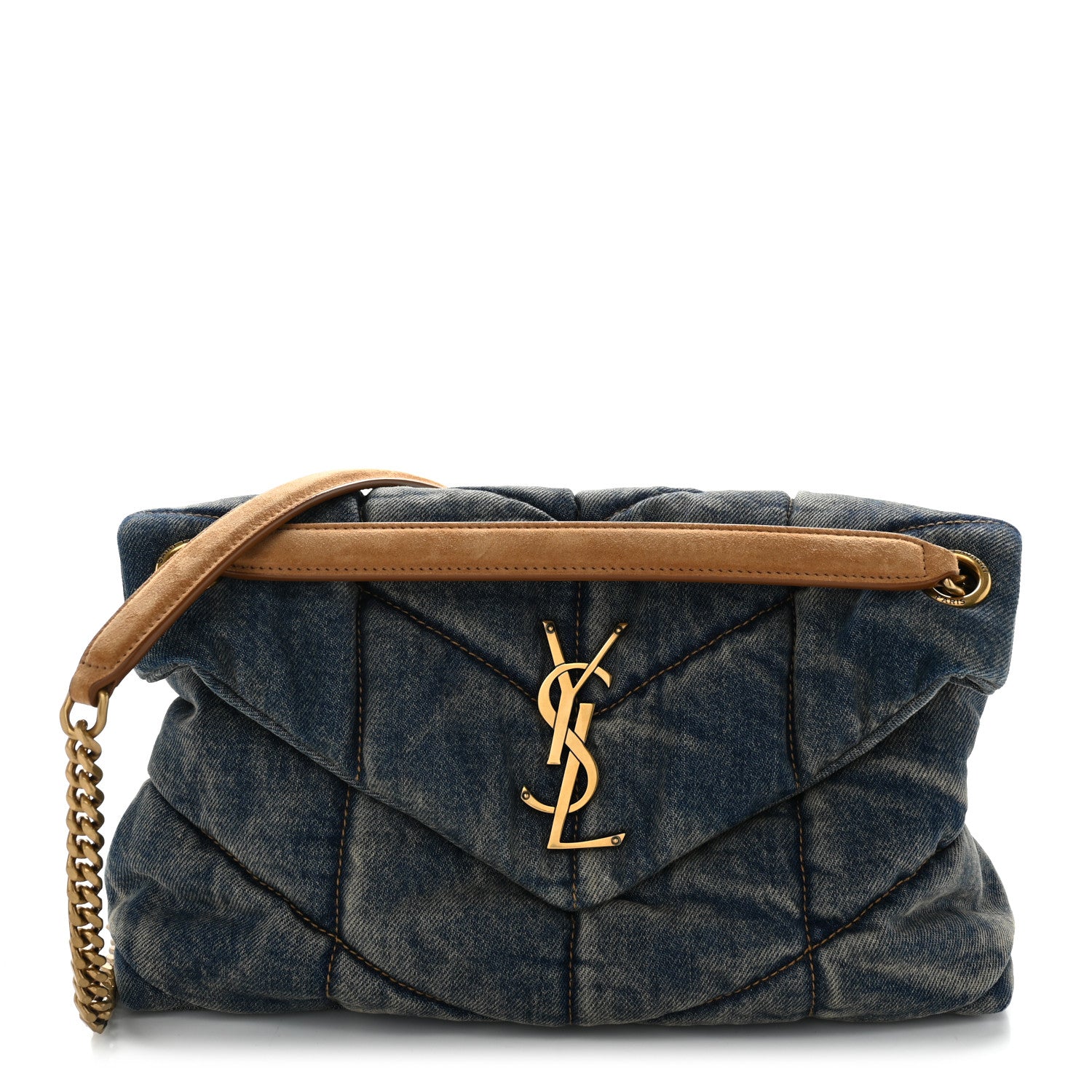 Saint Laurent Denim Quilted Small Loulou Puffer Monogram Chain Satchel Blue Cinnamon 1 of 10