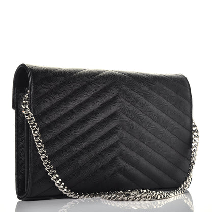 Saint Laurent Grain De Poudre Matelasse Chevron Monogram Chain Wallet Black 3 of 9