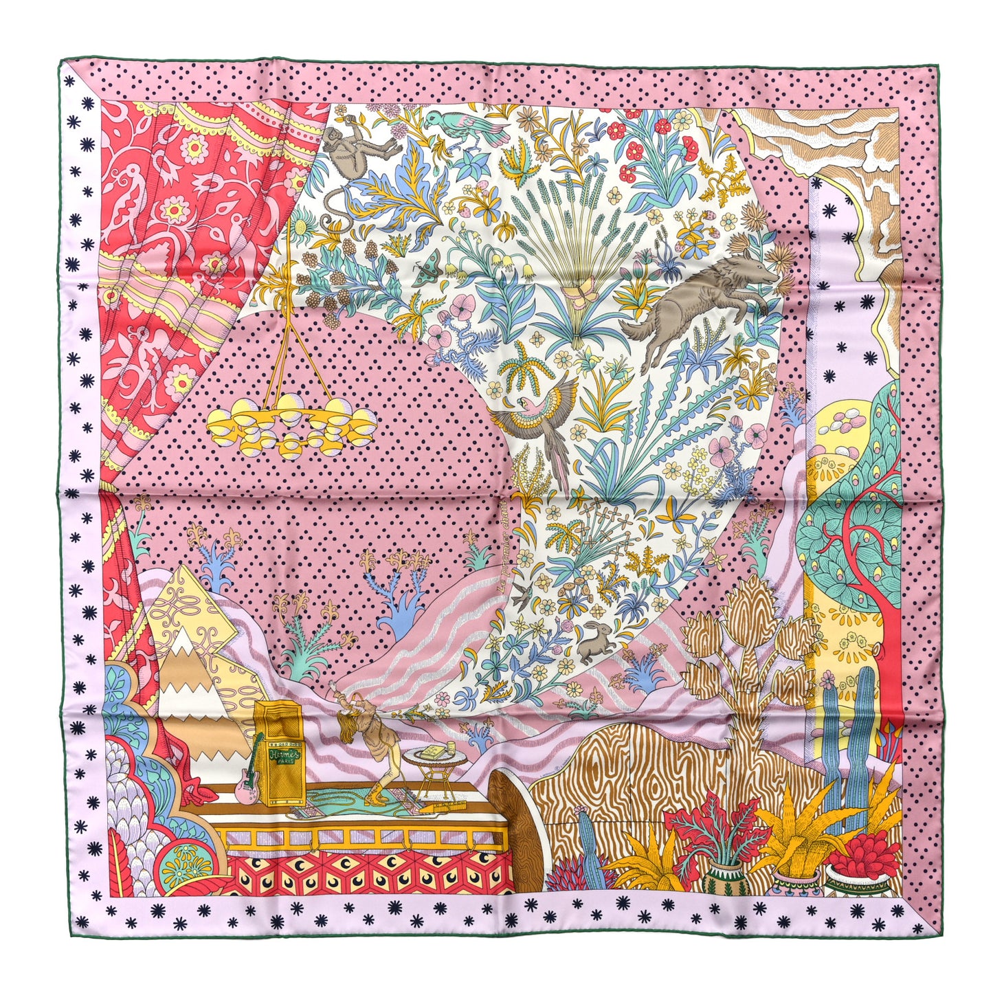 Silk Le Premier Chant Scarf 90 Vieux Rose Vert Jaune