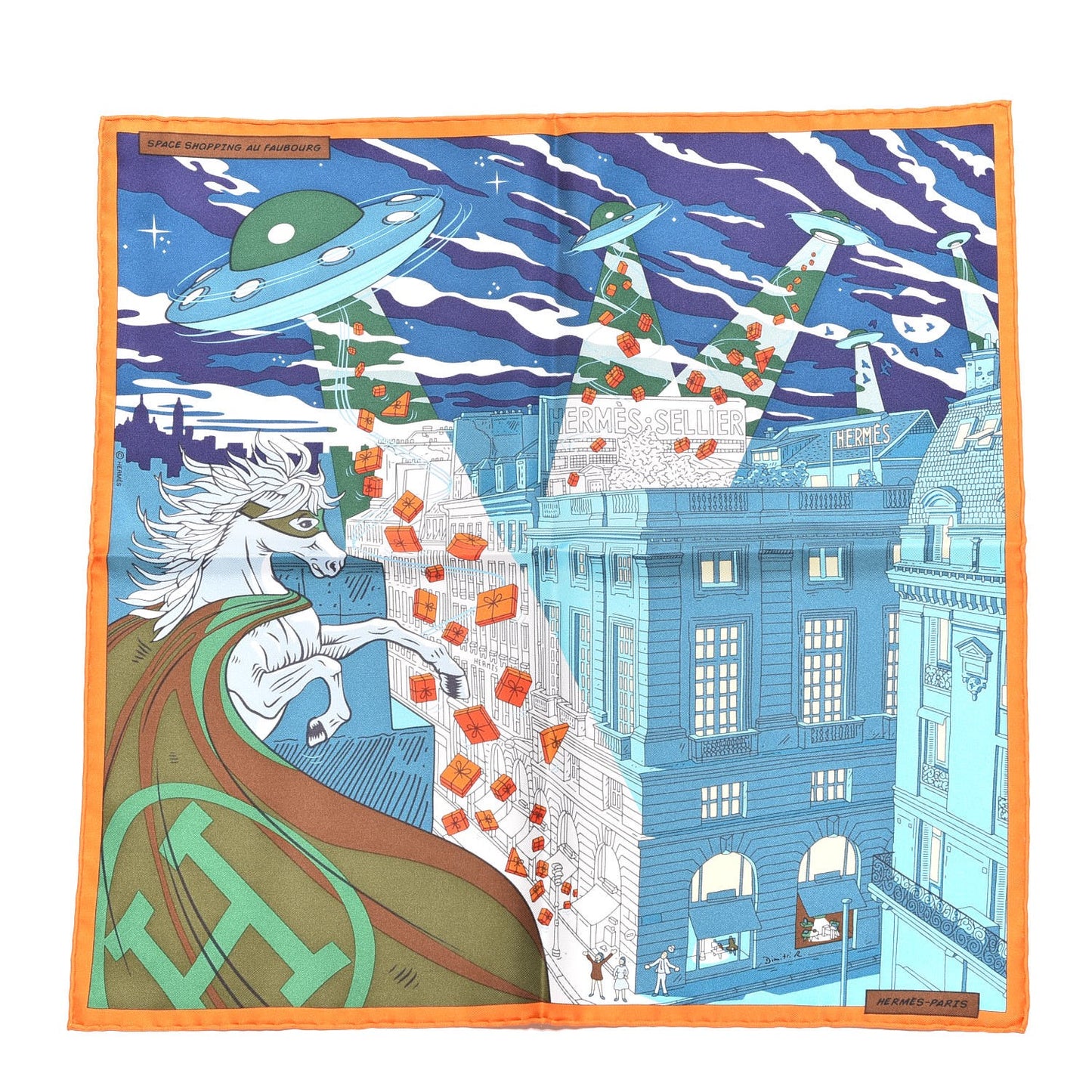 Silk Space Shopping Au Faubourg Pocket Square Bleu Orange Vert