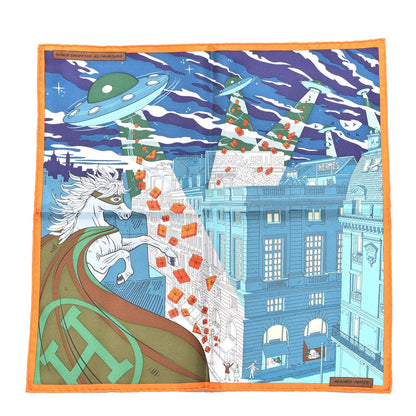 Hermes Silk Space Shopping Au Faubourg Pocket Square Bleu Orange Vert 1 of 6
