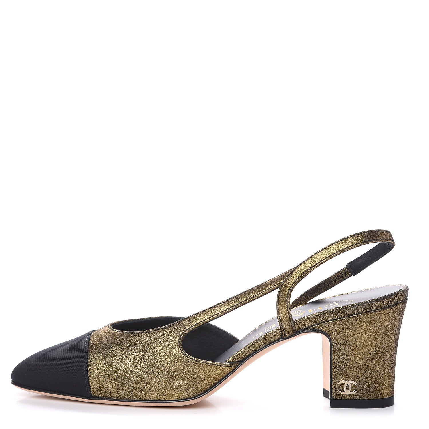 Chanel Metallic Lambskin Grosgrain Cap Toe CC Slingback Pumps 37.5 Gold Black 1 of 8