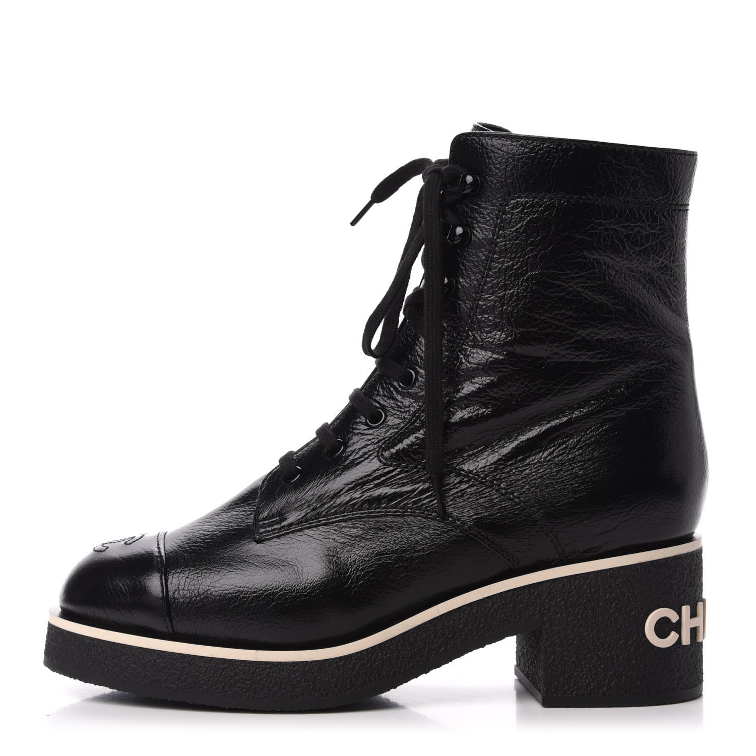 Chanel Shiny Crumpled Lambskin Cap Toe CC Lace Up Boots 40.5 Black 1 of 8