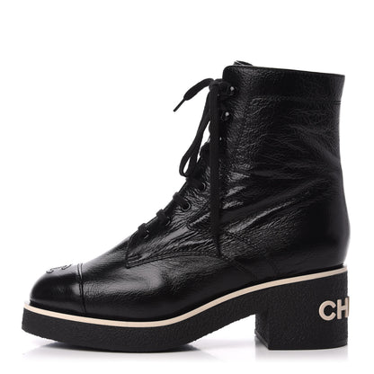 Chanel Shiny Crumpled Lambskin Cap Toe CC Lace Up Boots 40.5 Black 1 of 8
