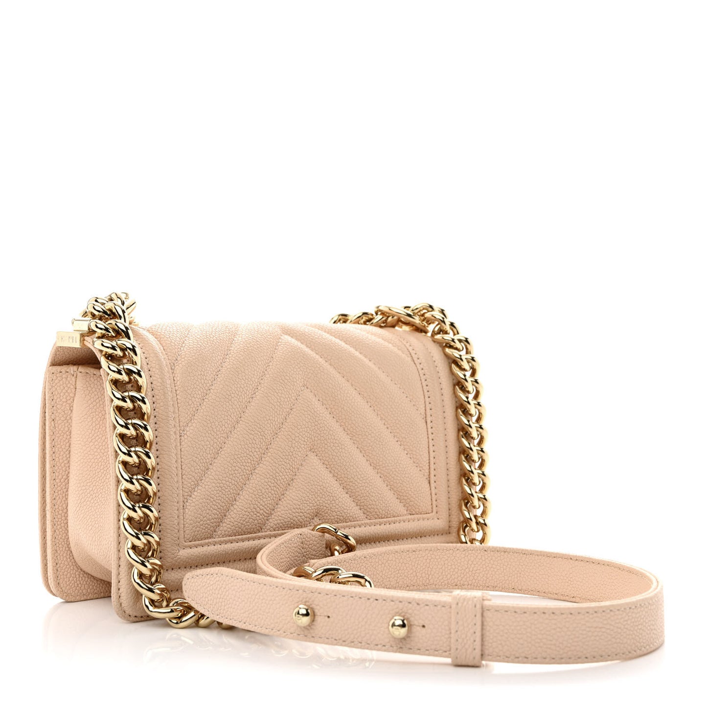 Caviar Chevron Quilted Small Boy Flap Light Beige