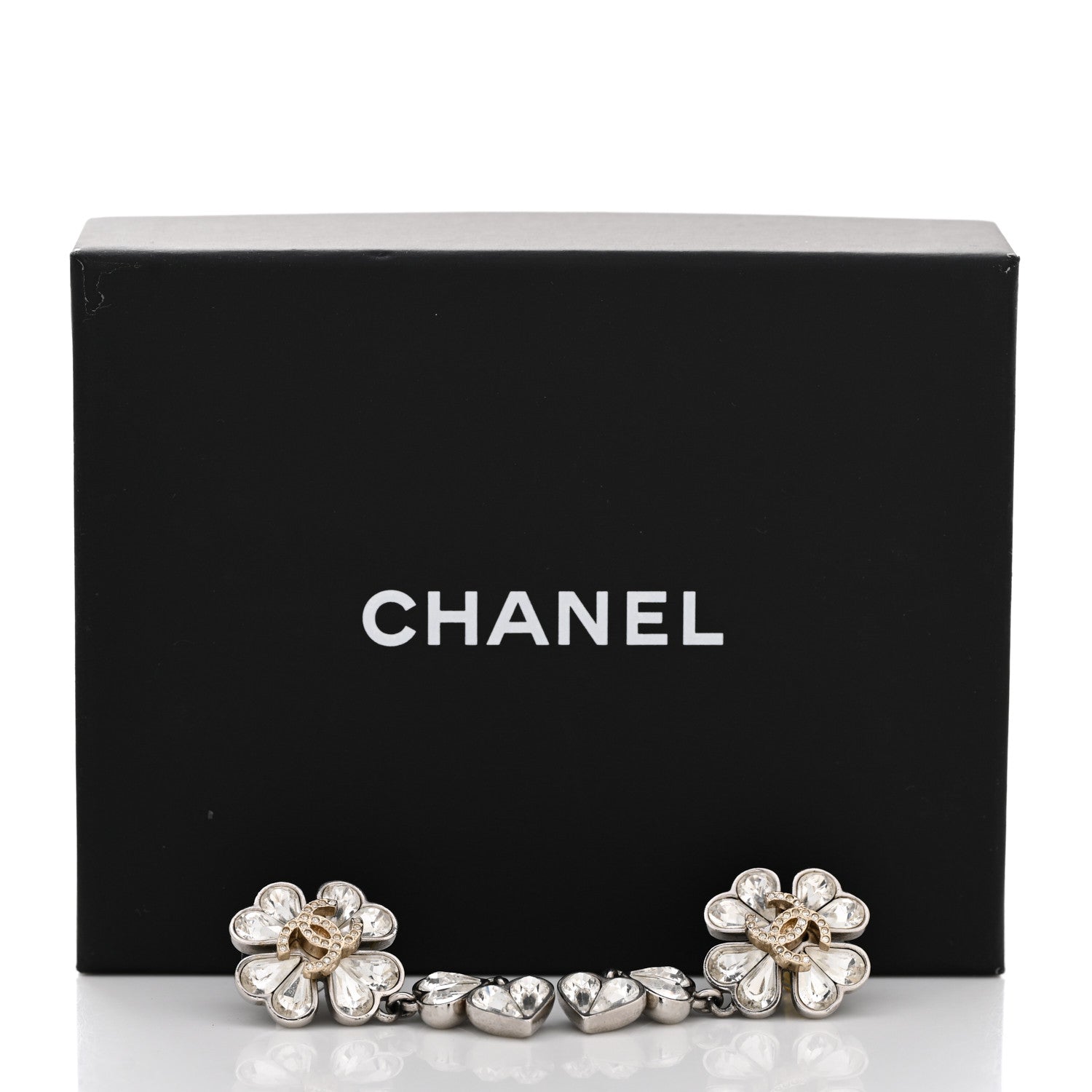 Chanel Crystal CC Clover Heart Drop Earrings Silver Gold 6 of 6
