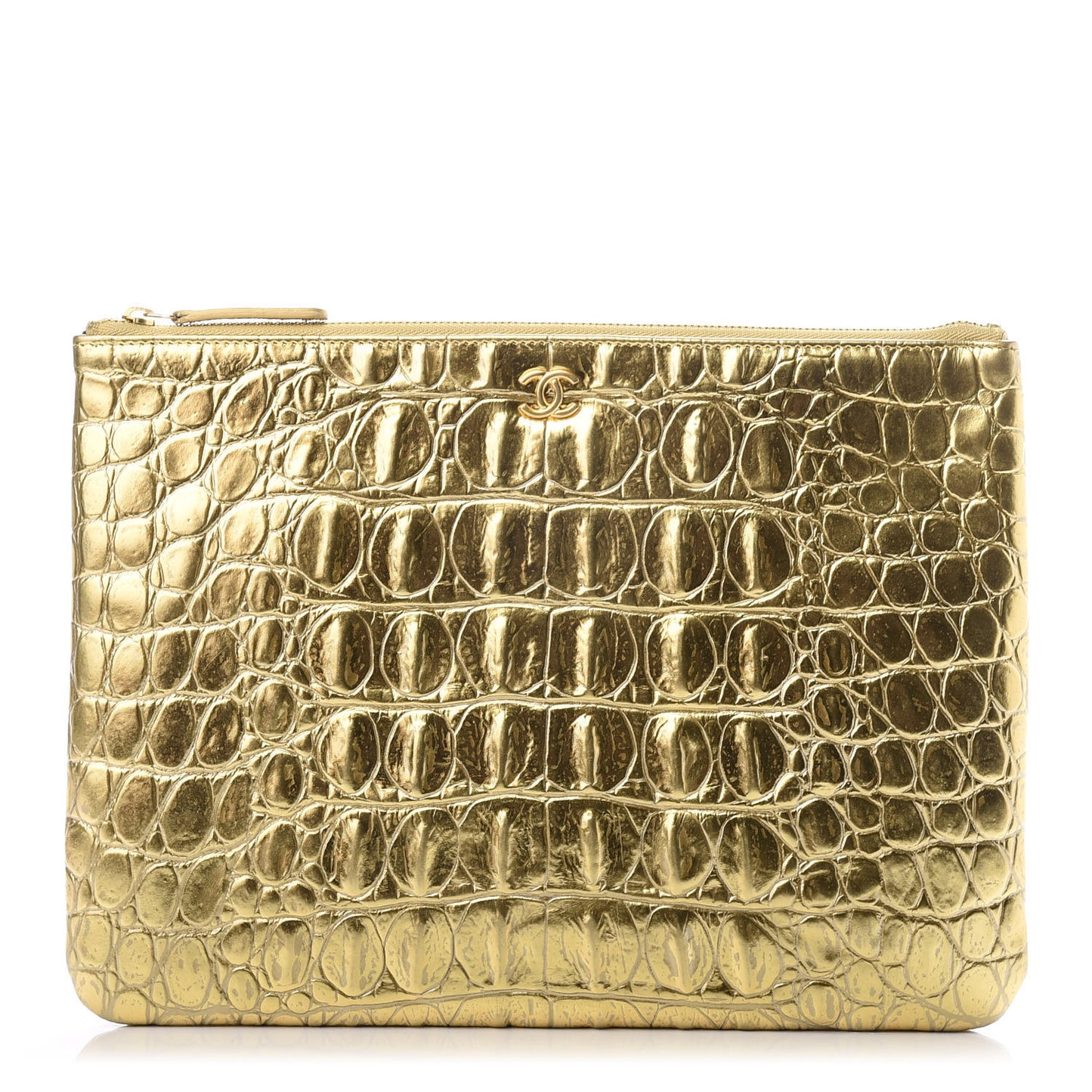 Metallic Calfskin Crocodile Embossed Medium Cocodile Cosmetic Case Gold