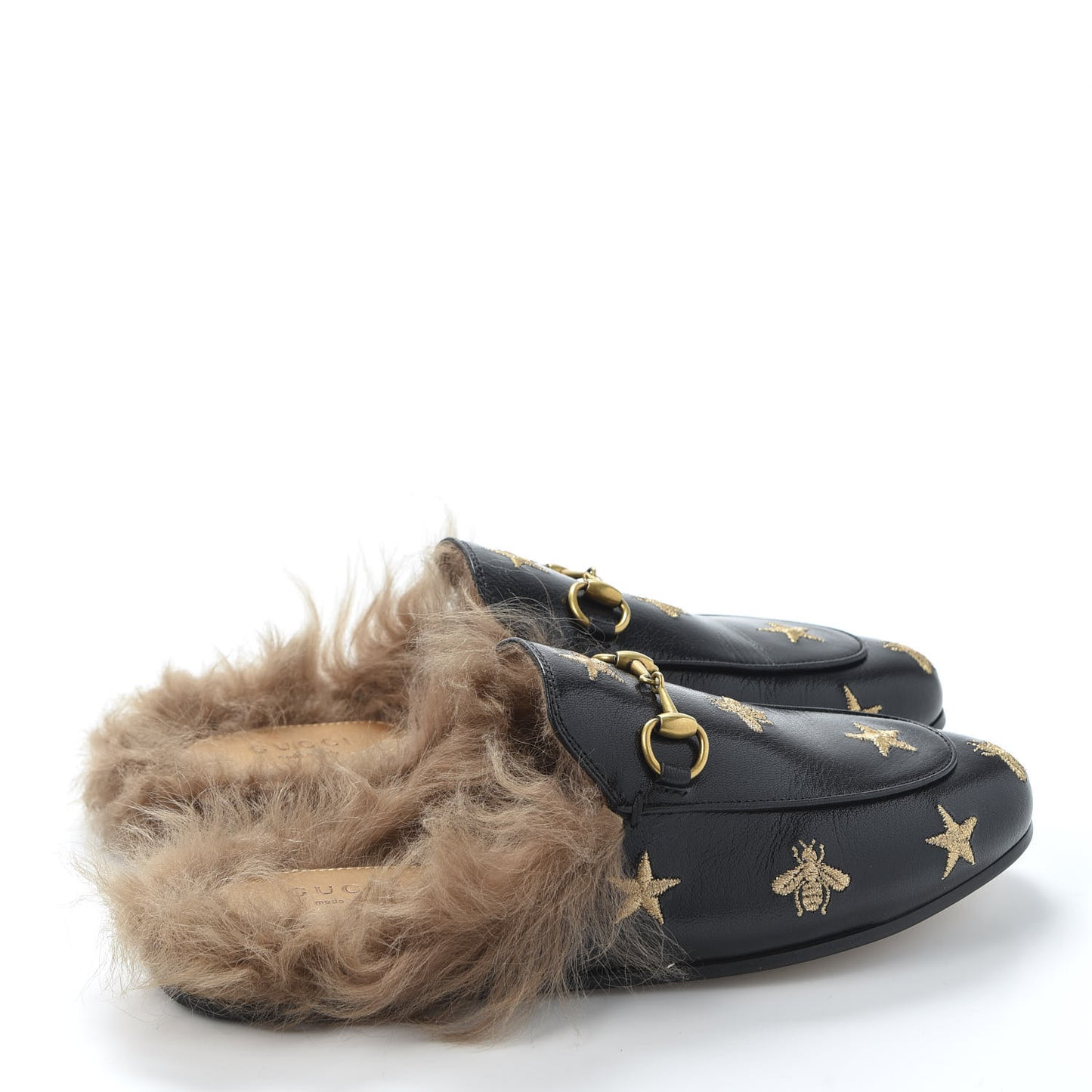 Goatskin Fur Bee Star Embroidered Womens Princetown Slippers 36.5 Black