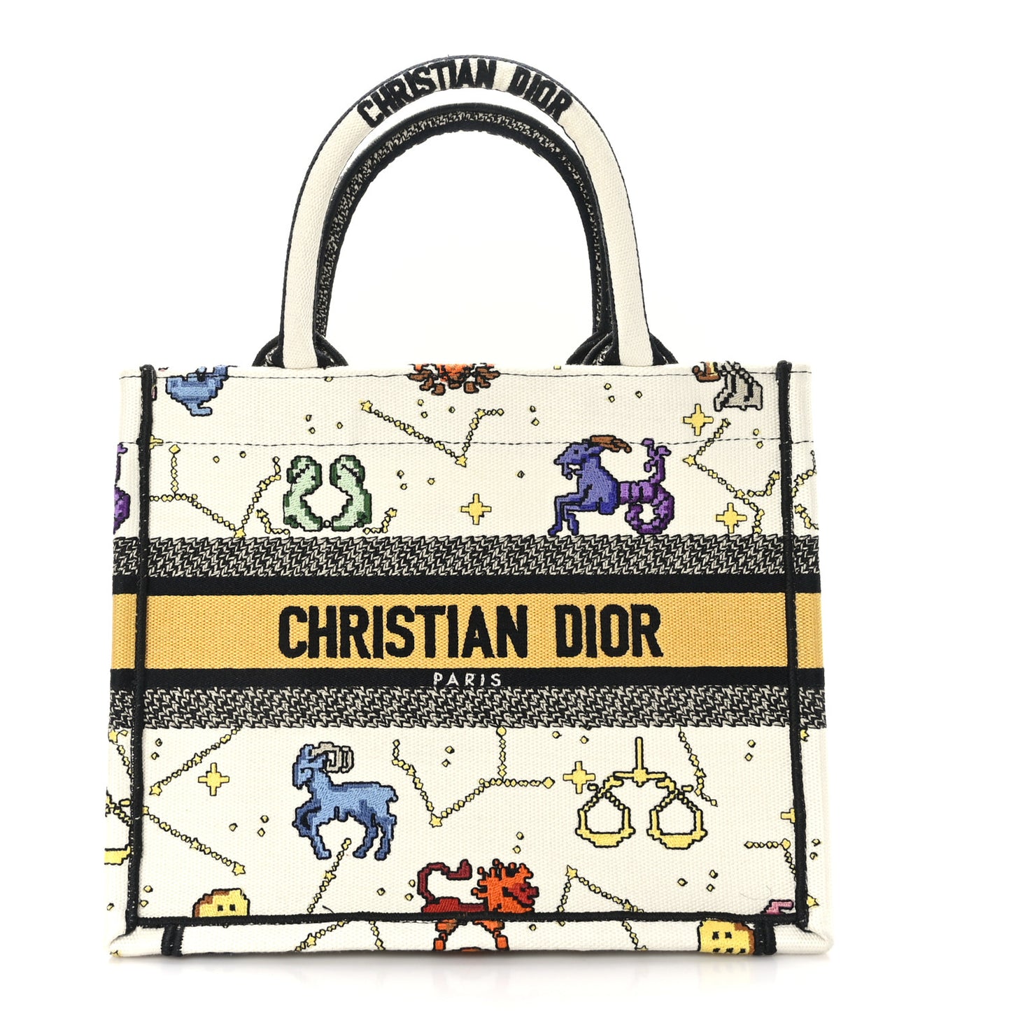 Canvas Embroidered Small Pixel Zodiac Book Tote Latte Multicolor