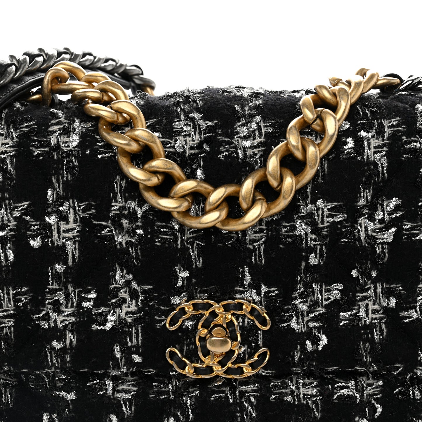 Tweed Quilted Large Chanel 19 Flap Black Silver Ecru