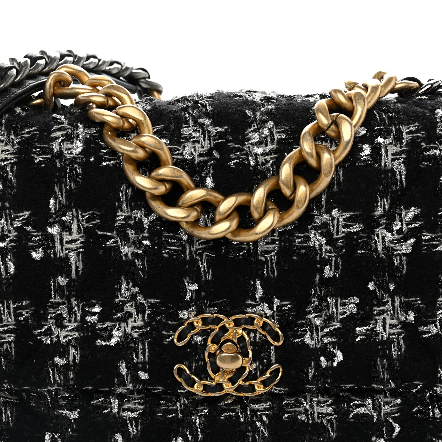 Chanel Tweed Quilted Large Chanel 19 Flap Black Silver Ecru 8 of 11