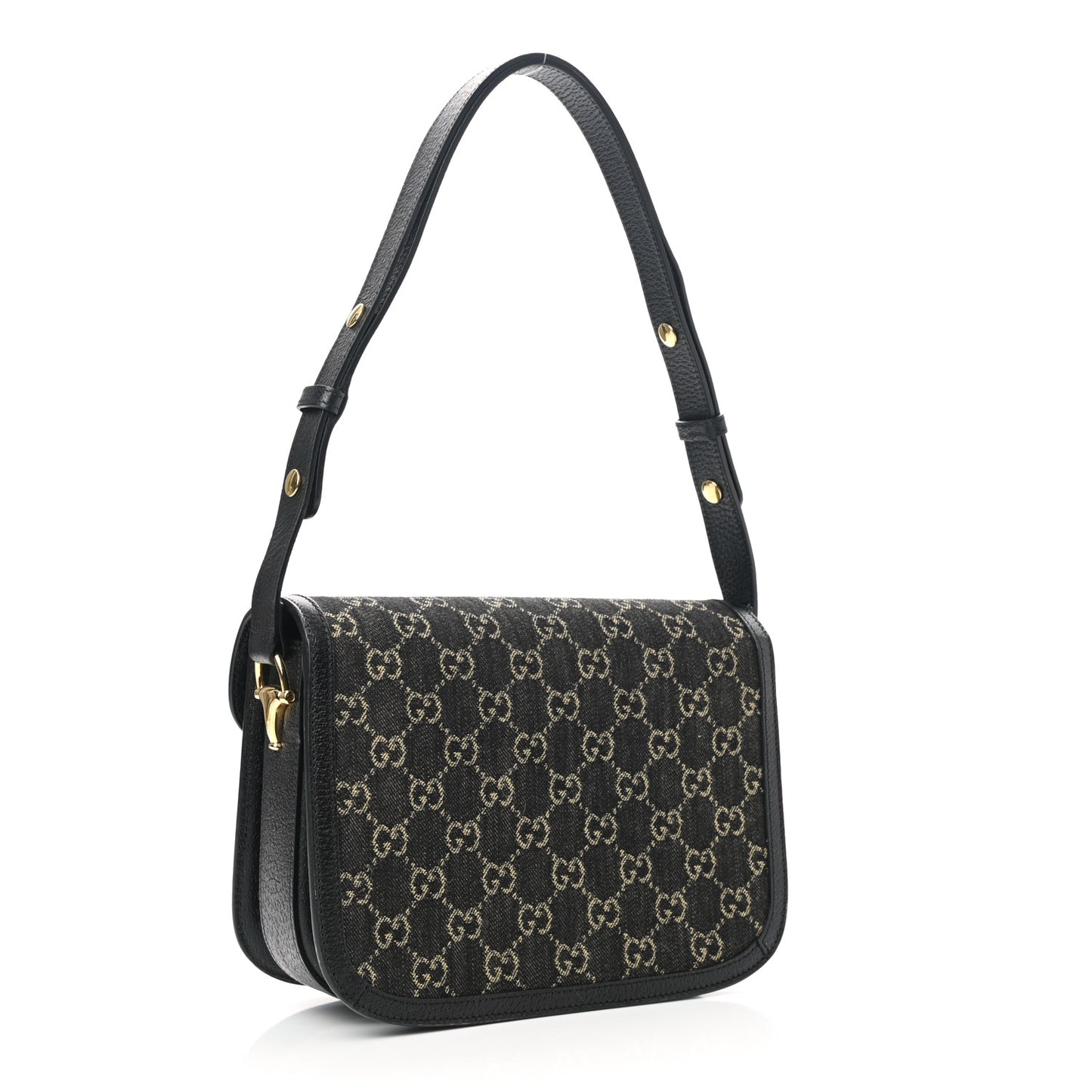 Jacquard Black Denim GG Monogram Textured Dollar Calfskin Horsebit 1955 Shoulder Bag Black Ivory