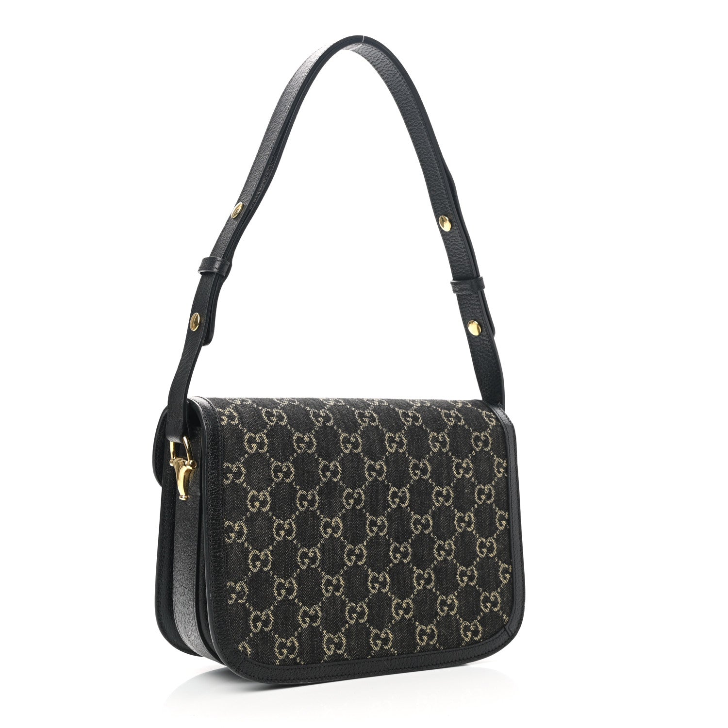 Gucci Jacquard Black Denim GG Monogram Textured Dollar Calfskin Horsebit 1955 Shoulder Bag Black Ivory 3 of 13