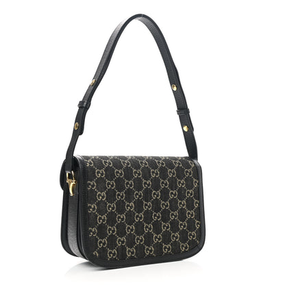 Gucci Jacquard Black Denim GG Monogram Textured Dollar Calfskin Horsebit 1955 Shoulder Bag Black Ivory 3 of 13