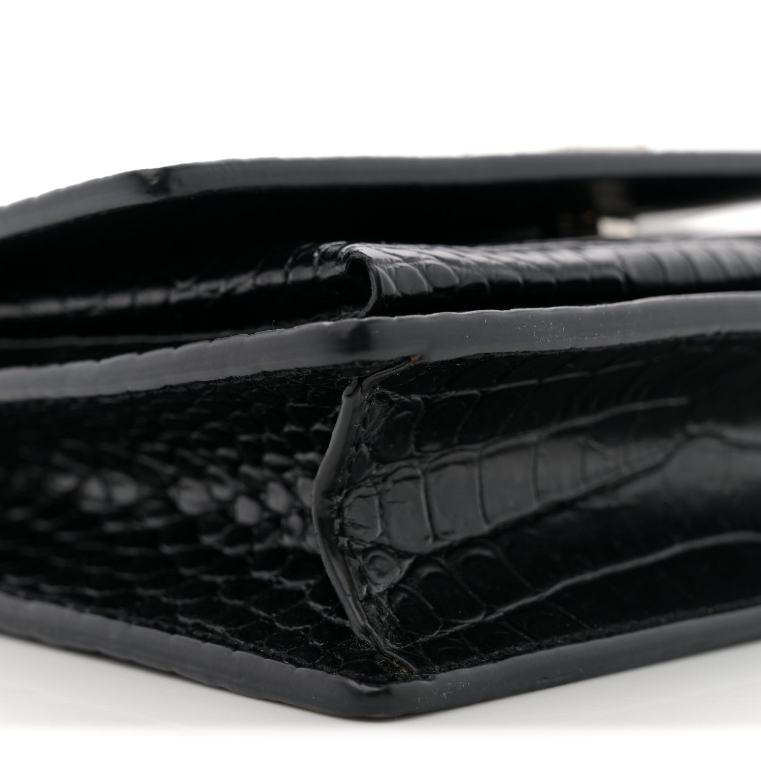 Saint Laurent Calfskin Crocodile Embossed Monogram Sunset Top Handle Chain Wallet Black 8 of 10