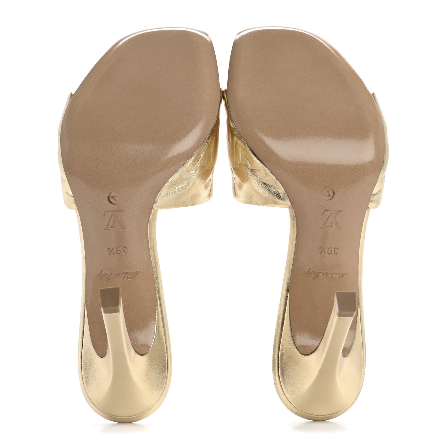 Metallic Lambskin Embossed Monogram Revival High Heel Mules 39.5  Gold