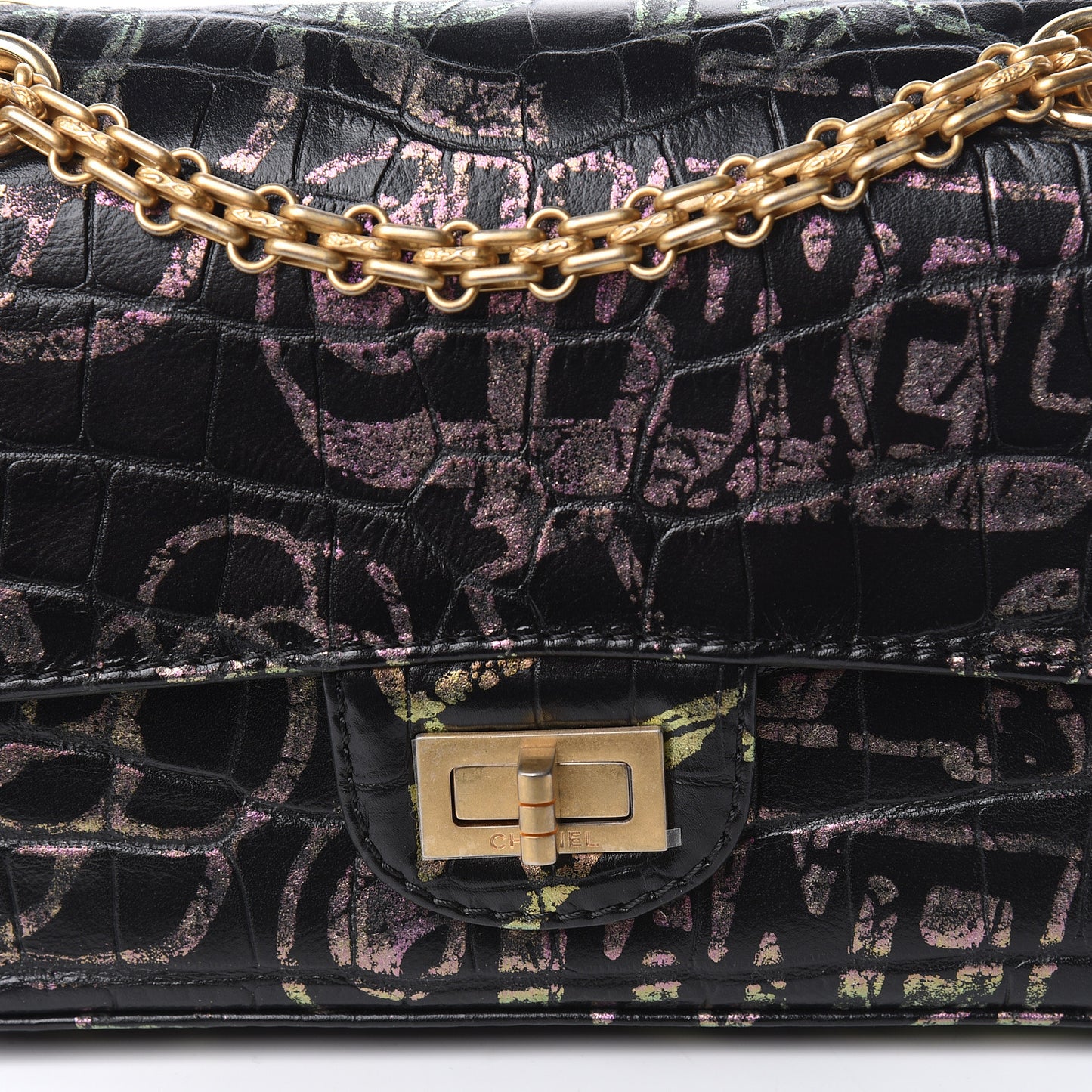 Calfskin Crocodile Embossed Graffiti 2.55 Mini Cocodile Reissue Flap Black Pink