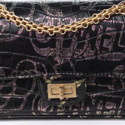 Chanel Calfskin Crocodile Embossed Graffiti 2.55 Mini Cocodile Reissue Flap Black Pink 10 of 10