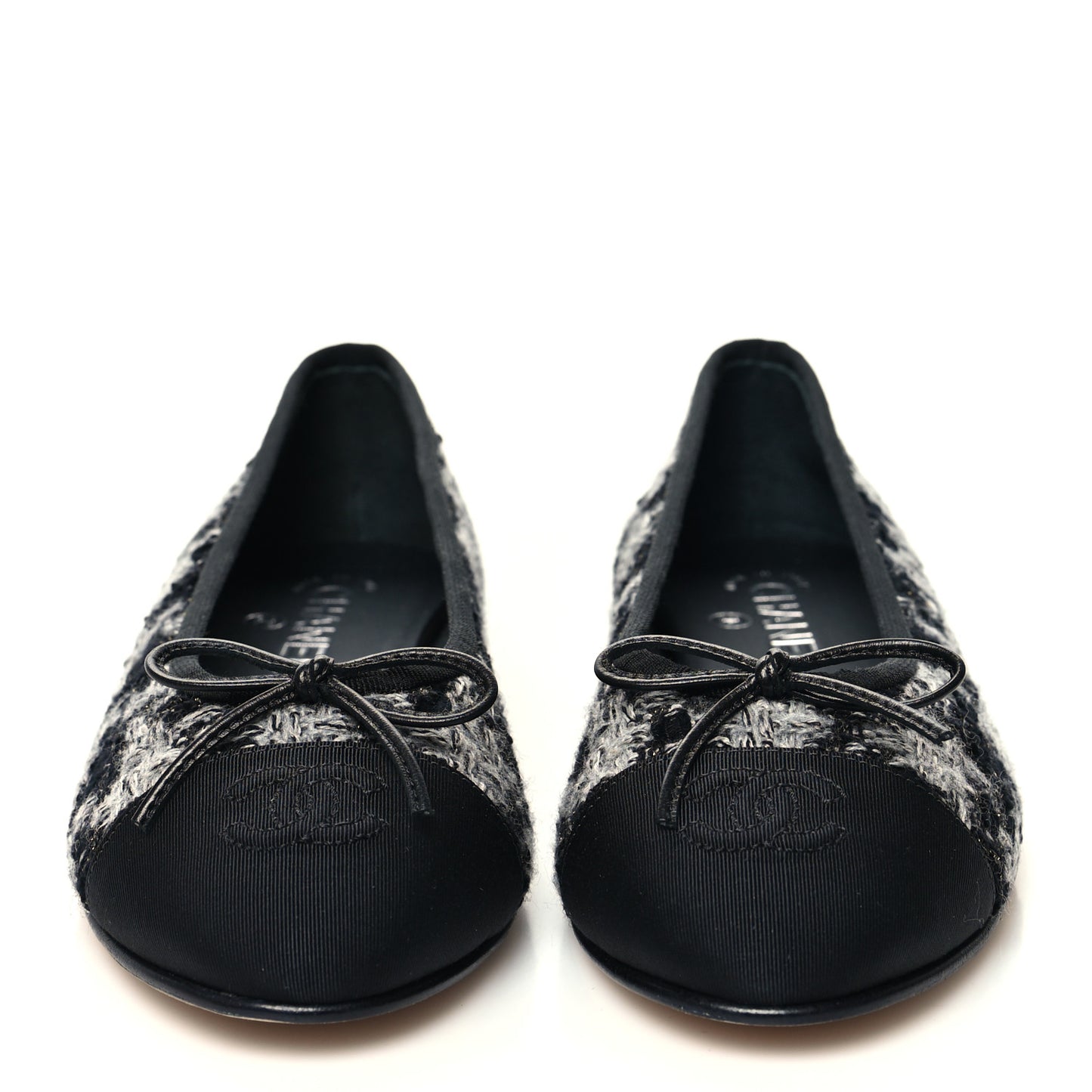 Tweed Grosgrain Cap Toe Ballerina Flats 38 Black White