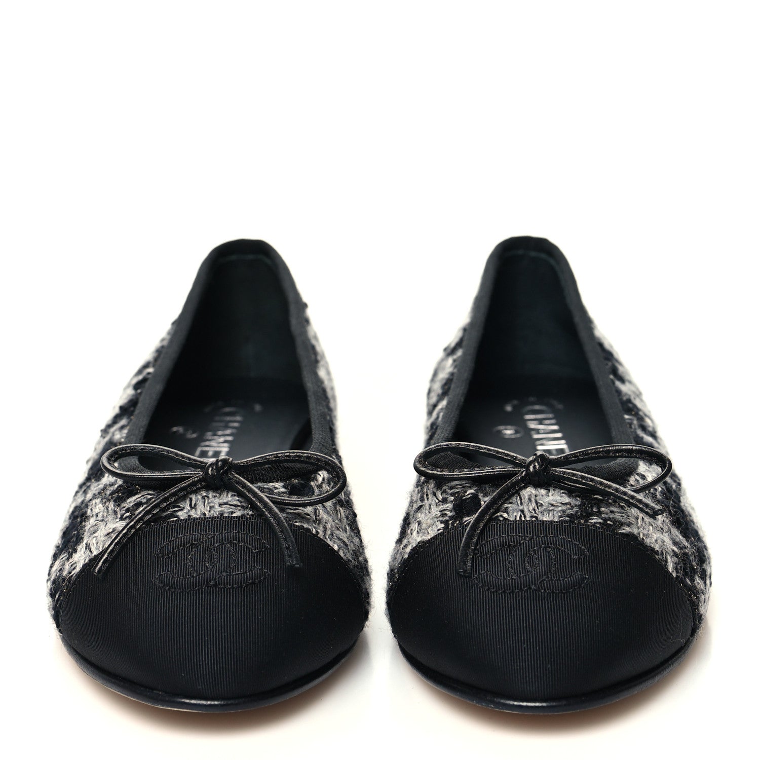 Chanel Tweed Grosgrain Cap Toe Ballerina Flats 38 Black White 2 of 9