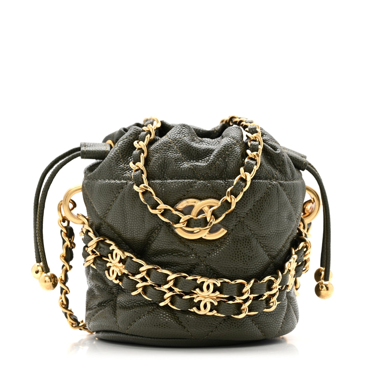 Caviar Quilted Coco First Bucket Clutch With Chain Khaki