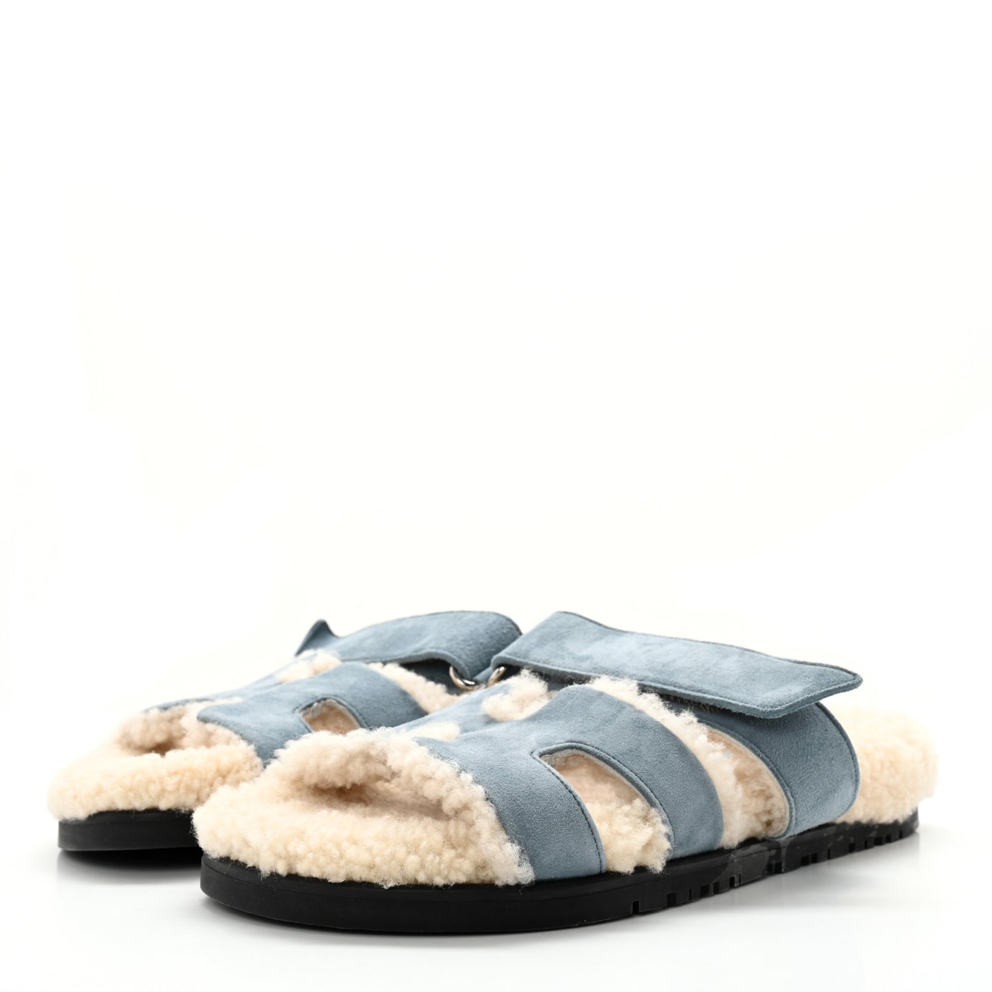 Suede Goatskin Woolskin Womens Chypre Sandals 35.5 Bleu Pinede Ecru
