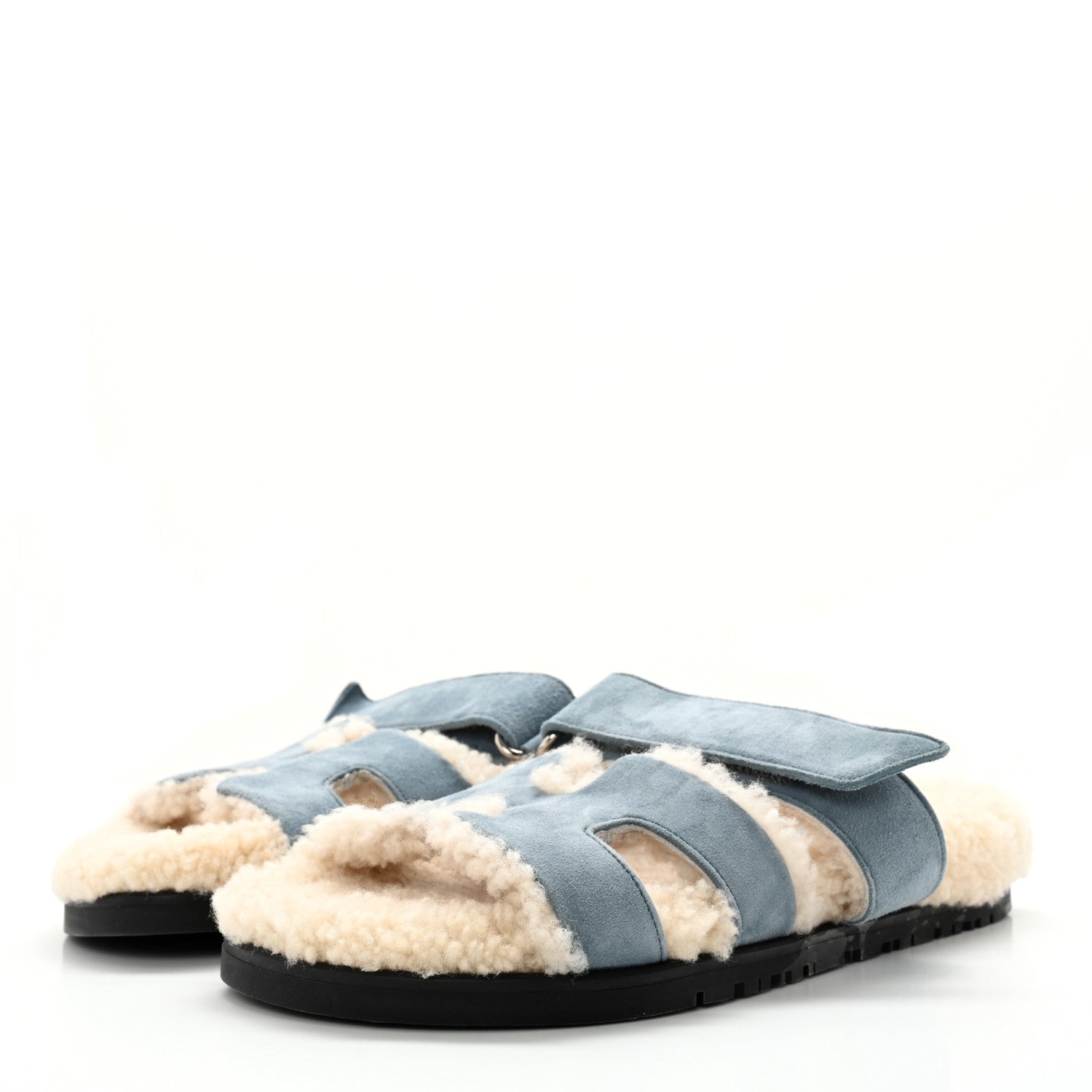 Hermes Suede Goatskin Woolskin Womens Chypre Sandals 35.5 Bleu Pinede Ecru 3 of 9