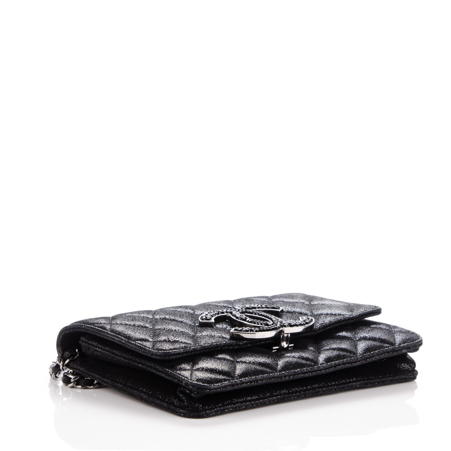 Iridescent Caviar Crystal Quilted Wallet On Chain WOC Black