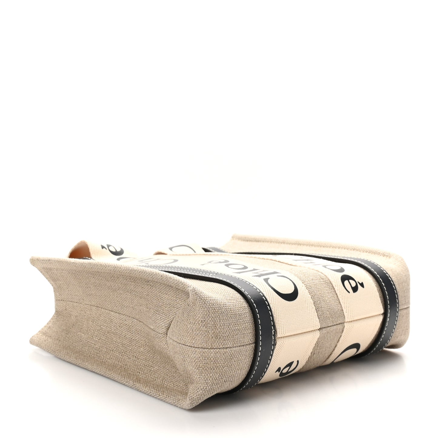Linen Calfskin Small Woody Ribbon Tote With Strap White Navy