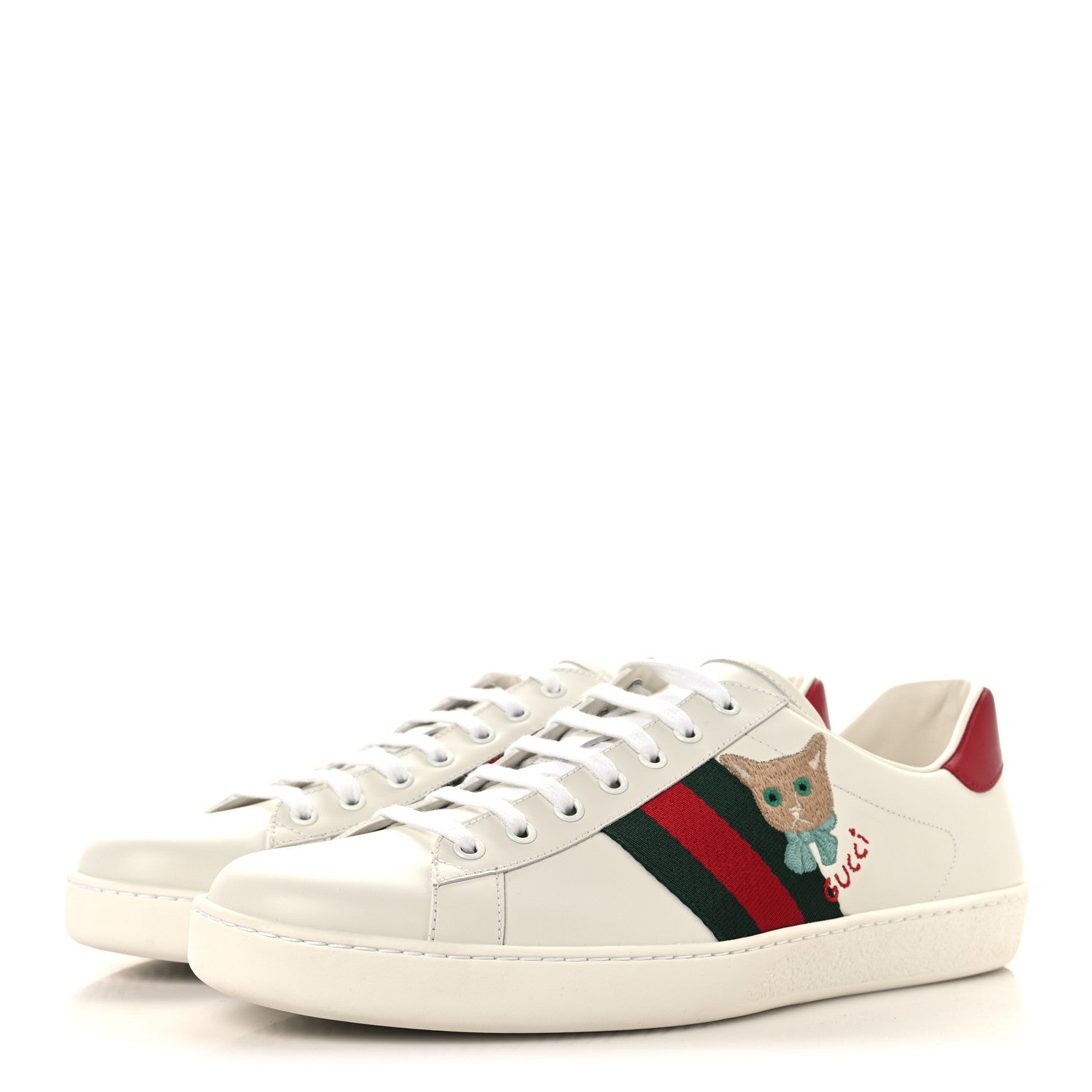 Gucci Calfskin Cat Embroidered Mens Ace Sneakers 12 White Green 4 of 11