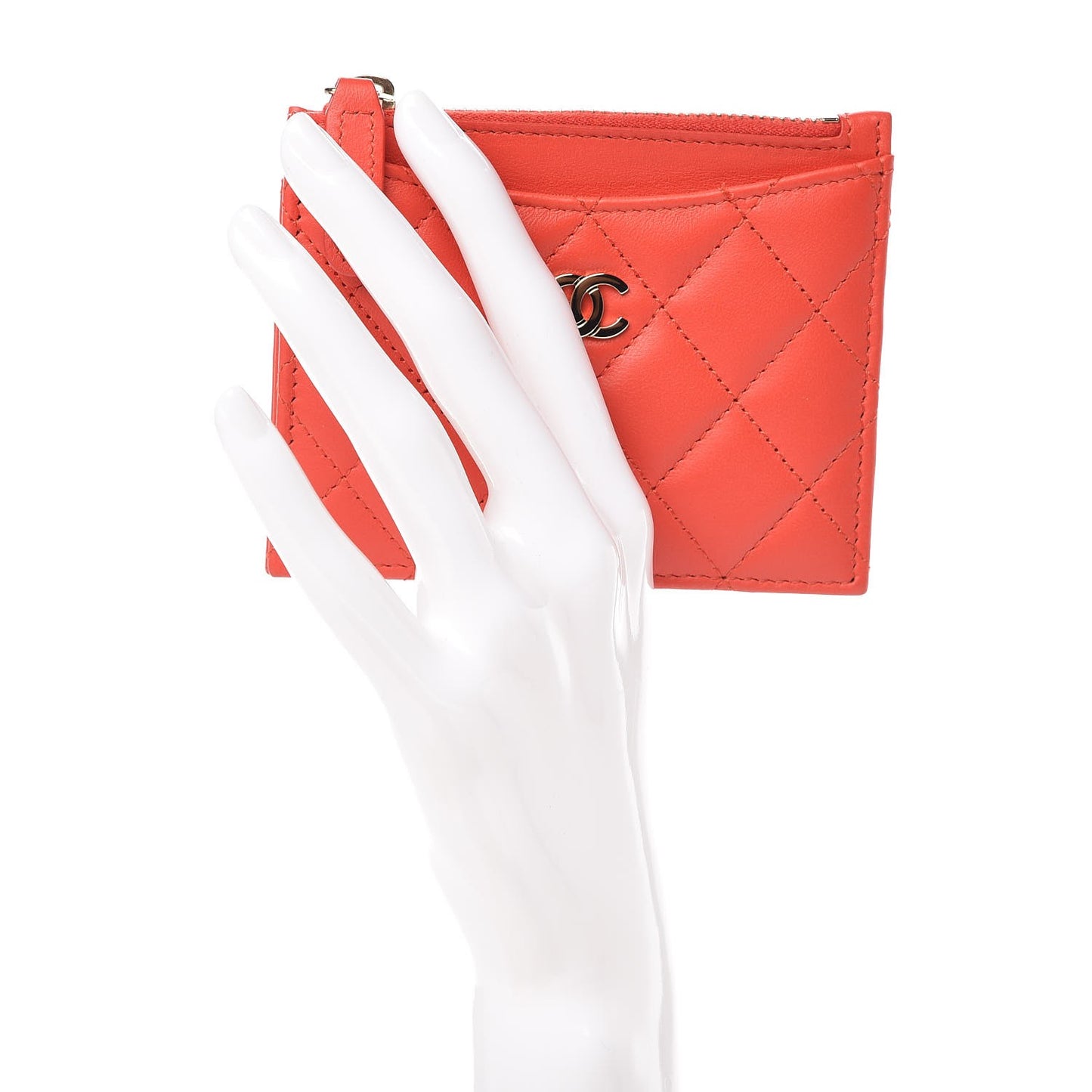 Lambskin Quilted Zip Card Holder Red