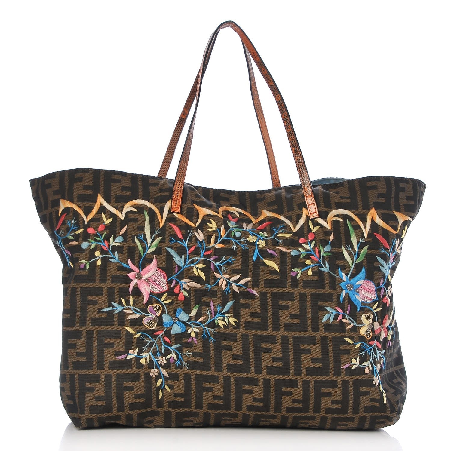 Fendi Lizard Zucca Embroidered Large Tote Tobacco Multicolor 1 of 9