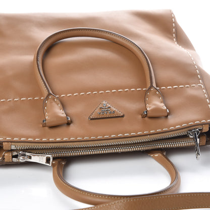 Prada City Calf Small Hand Stitched Galleria Double Zip Tote Caramel 10 of 15