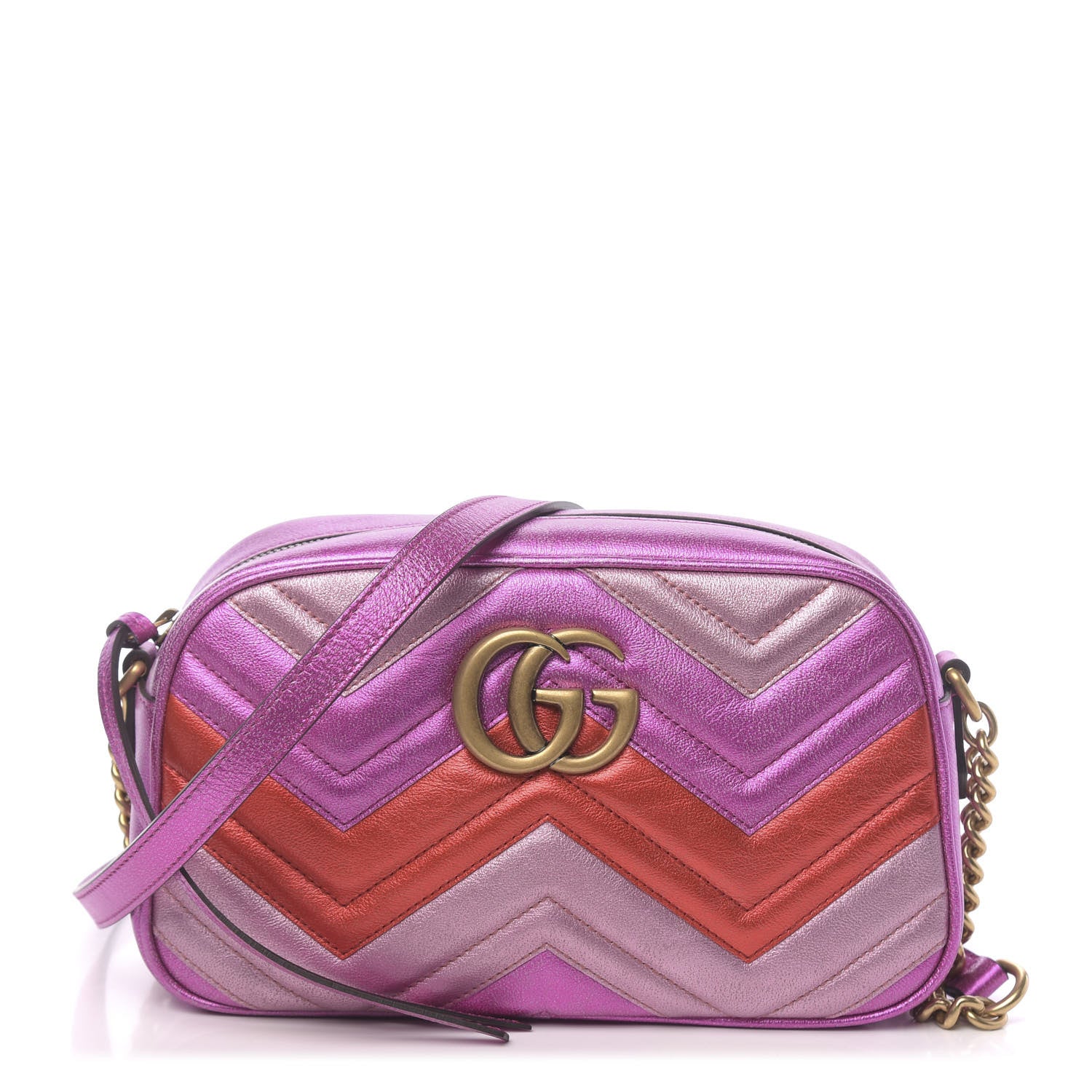 Gucci Laminated Nappa Matelasse Small GG Marmont Chain Shoulder Bag Fuxia Rosso Rosa 1 of 11