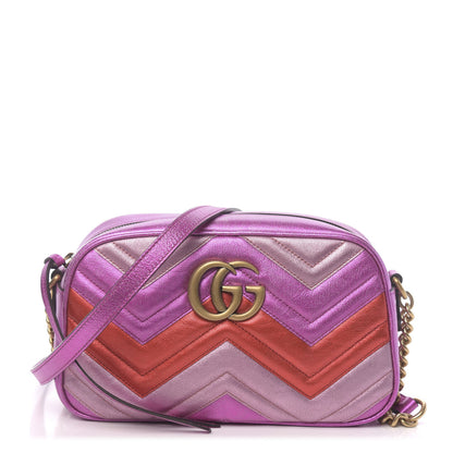Gucci Laminated Nappa Matelasse Small GG Marmont Chain Shoulder Bag Fuxia Rosso Rosa 1 of 11