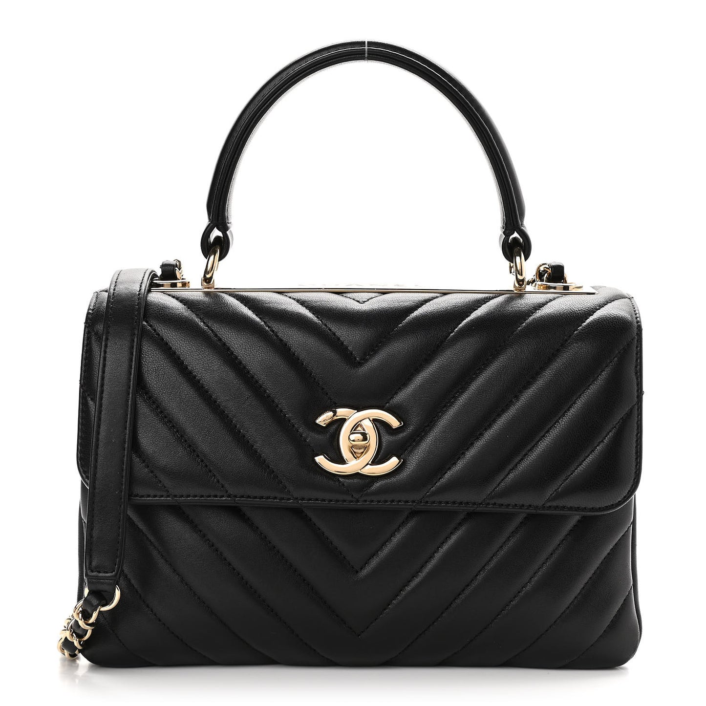 Lambskin Chevron Quilted Small Trendy CC Dual Handle Flap Bag Black