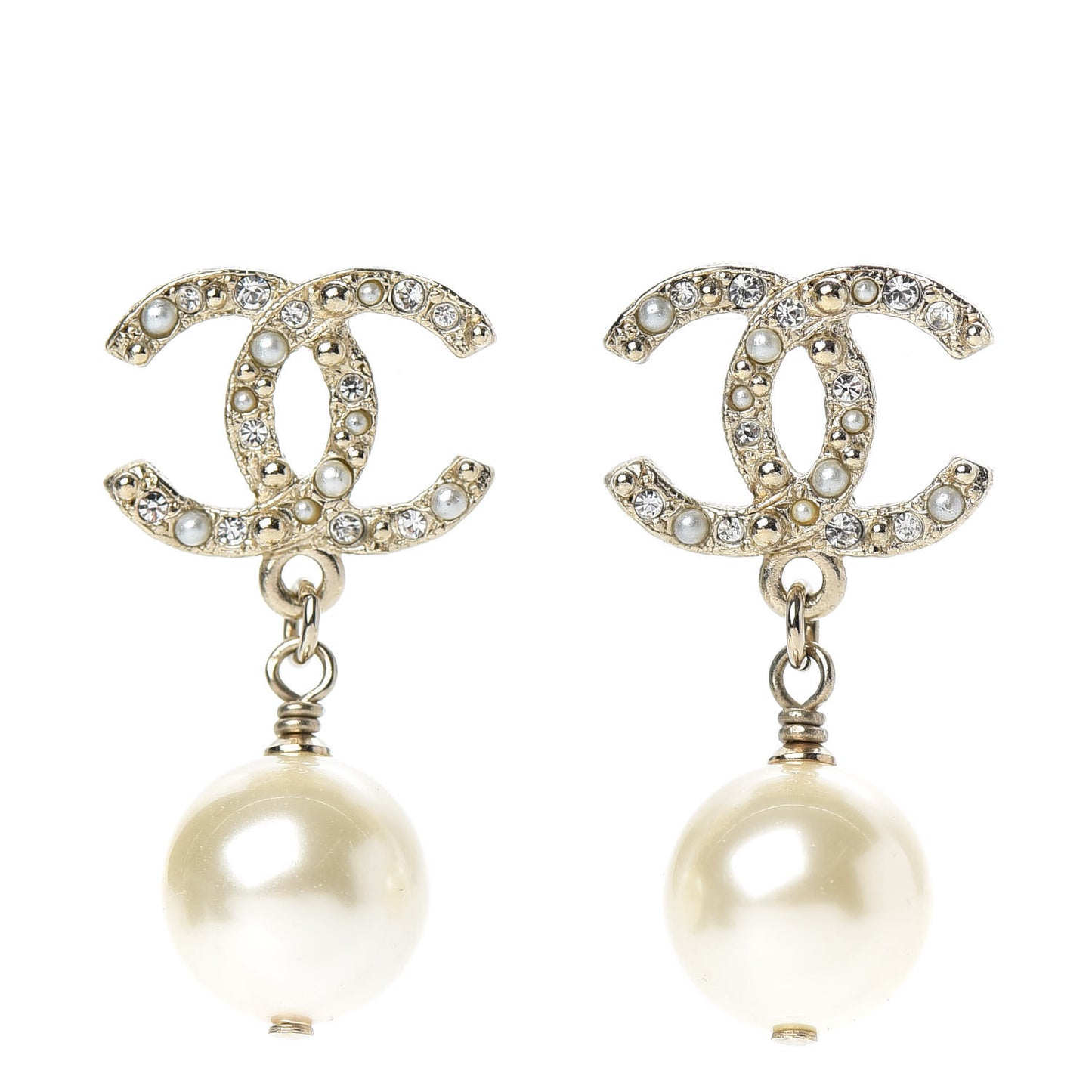 Pearl Crystal CC Drop Earrings Gold