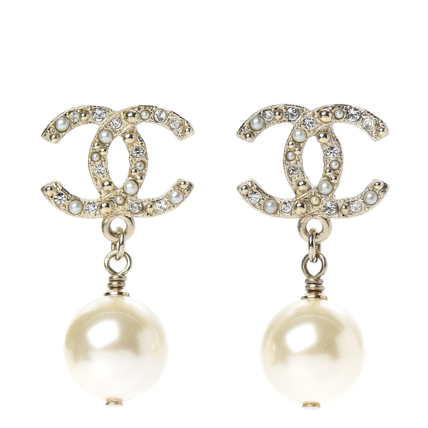 Chanel Pearl Crystal CC Drop Earrings Gold 1 of 5