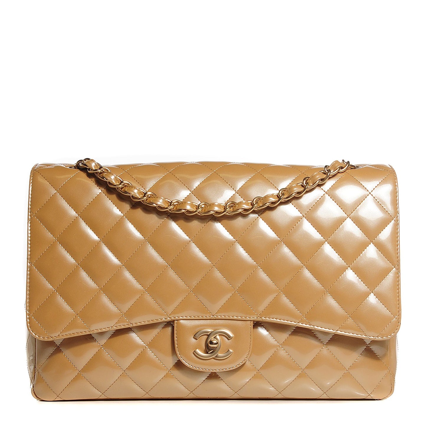 Metallic Patent Quilted Maxi Single Flap Beige