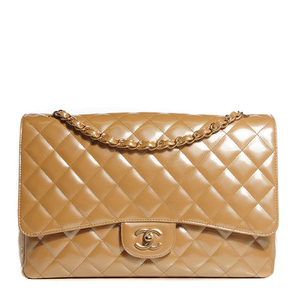 Chanel Metallic Patent Quilted Maxi Single Flap Beige 1 of 10