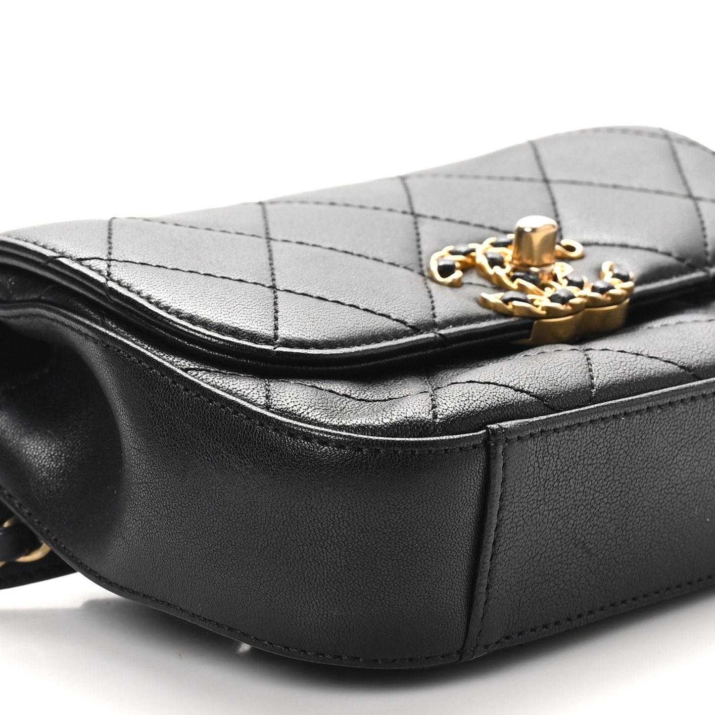 Lambskin Quilted Chain Infinity Waist Belt Bag Black