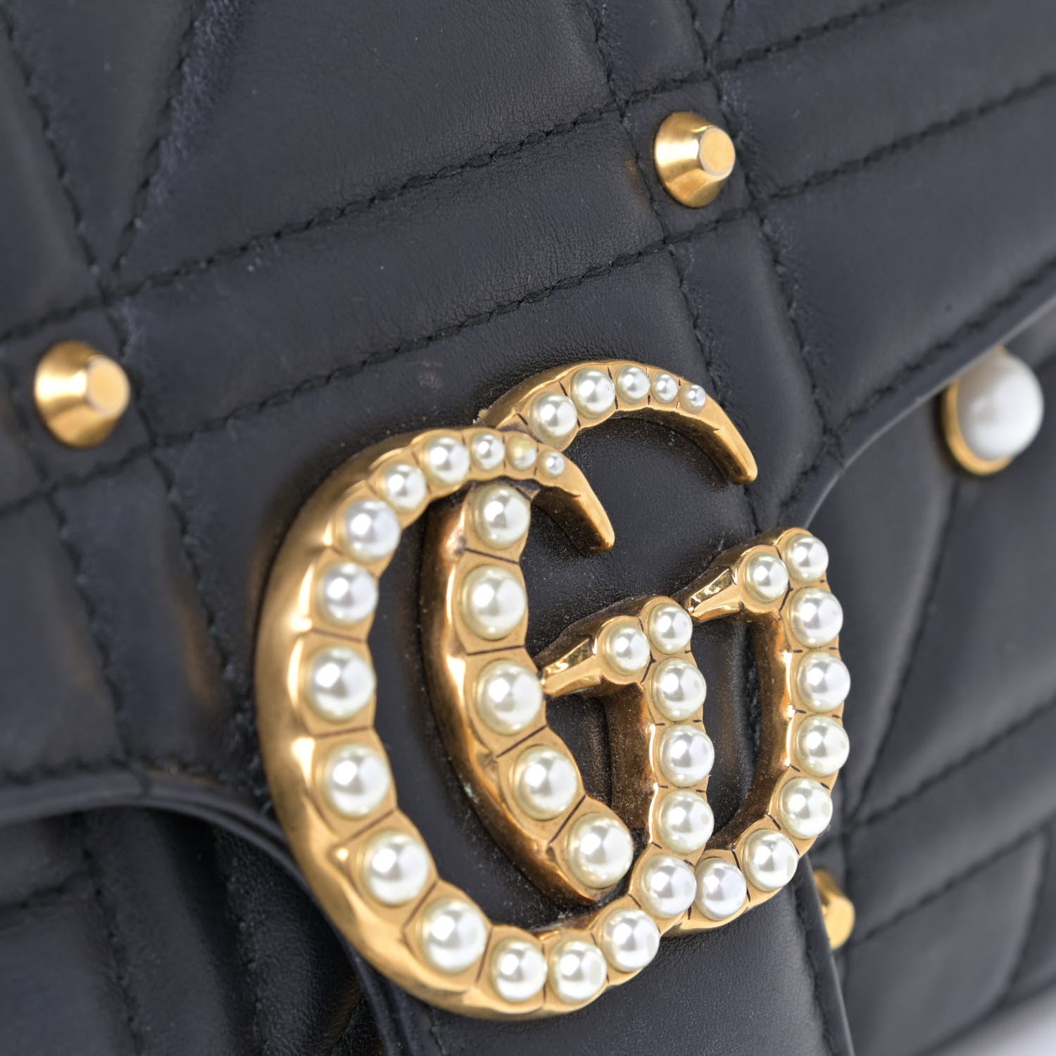 Gucci Calfskin Matelasse Studded Small Pearly GG Marmont Shoulder Bag Black 6 of 6