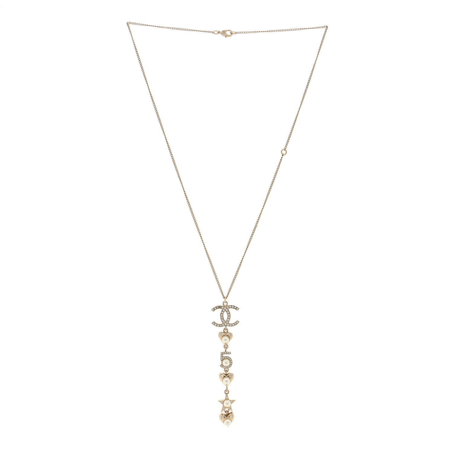 Chanel Crystal Pearl Charming Winter CC Star Heart Drop Necklace Gold 2 of 4