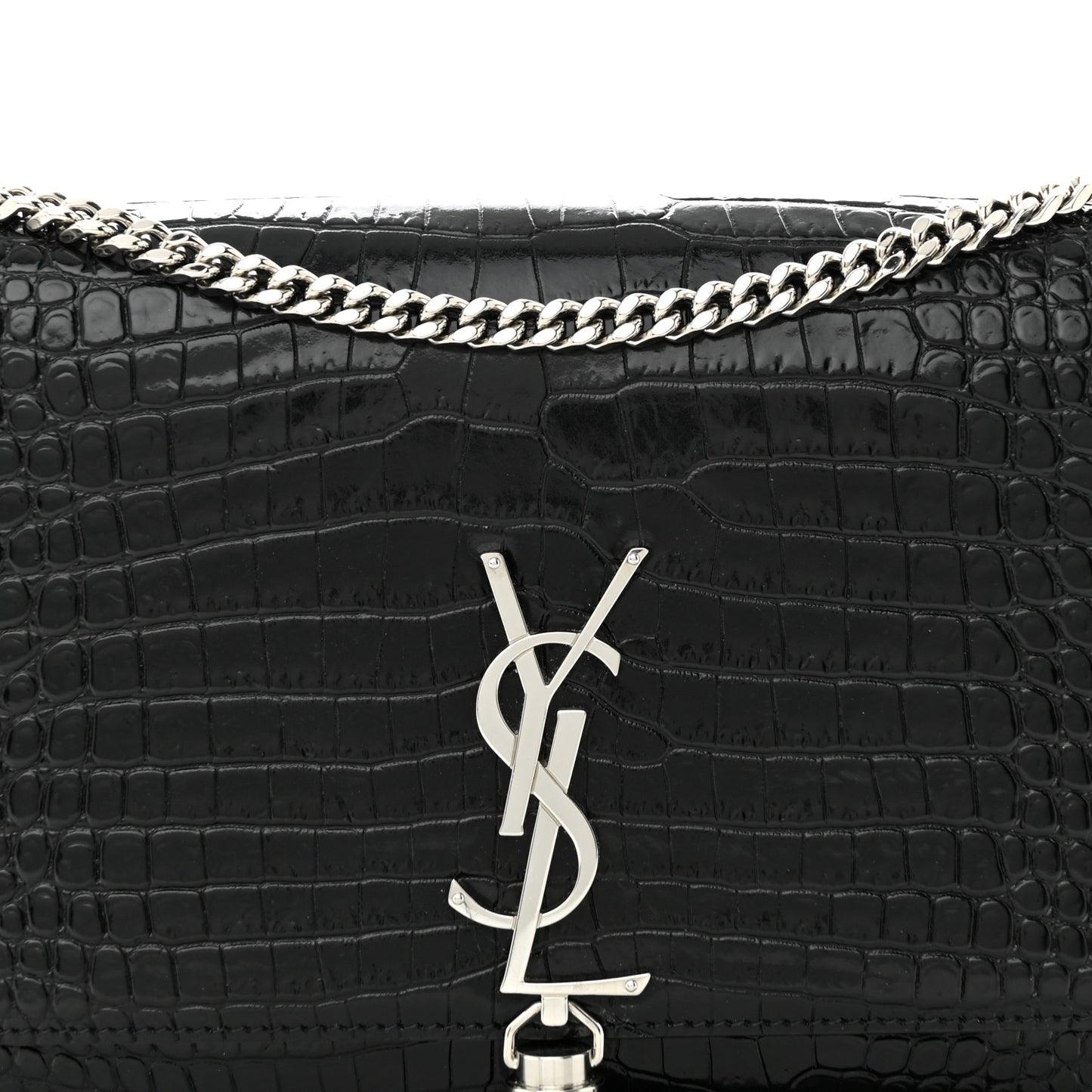Calfskin Crocodile Embossed Medium Classic Monogram Kate Tassel Satchel Black