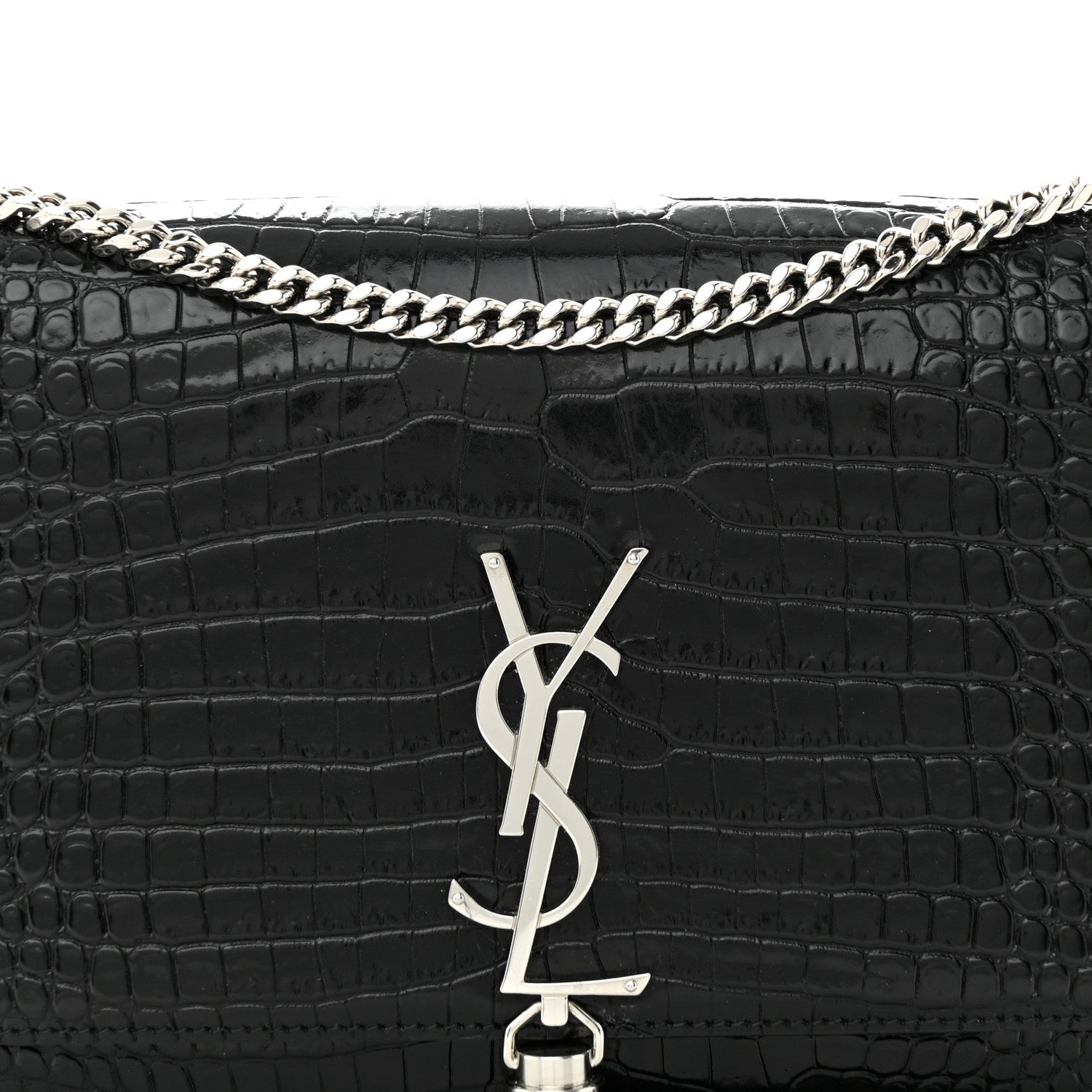 Saint Laurent Calfskin Crocodile Embossed Medium Classic Monogram Kate Tassel Satchel Black 8 of 11