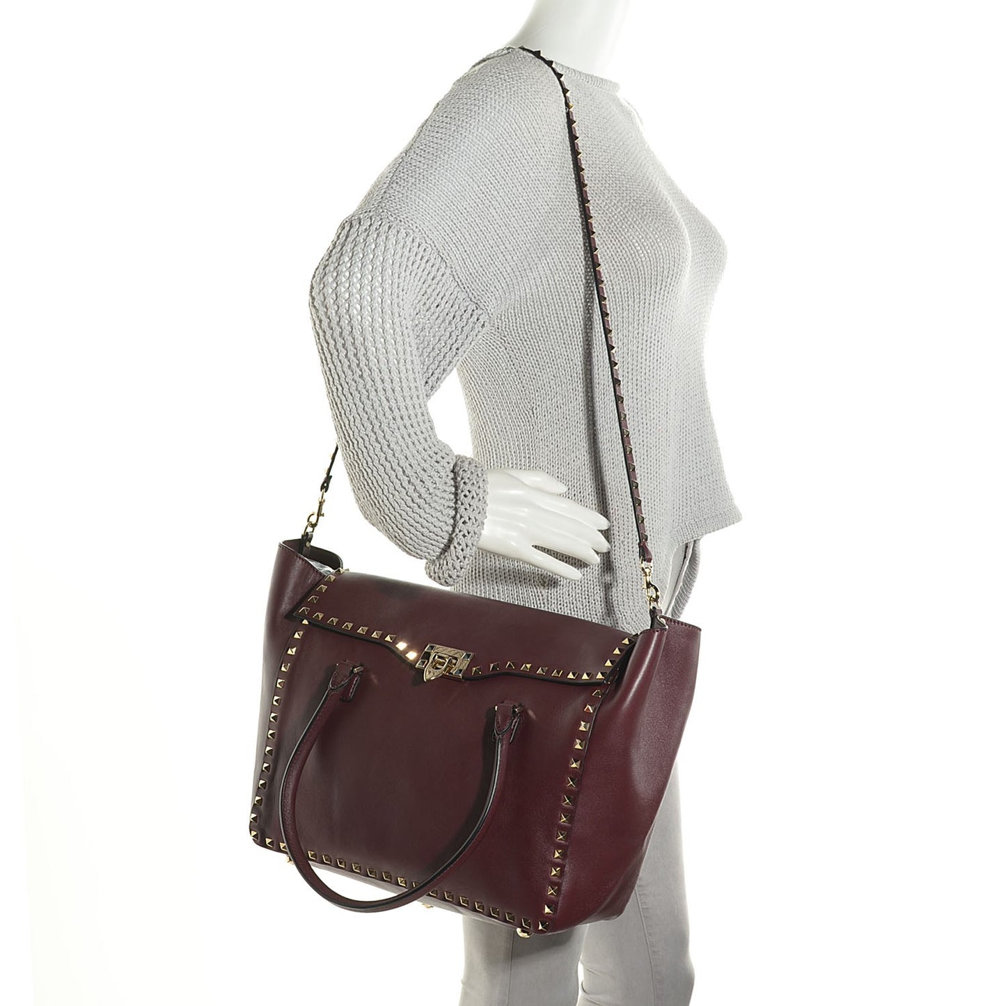 Vitello Large Rockstud Flap Double Handle Satchel Cremisi