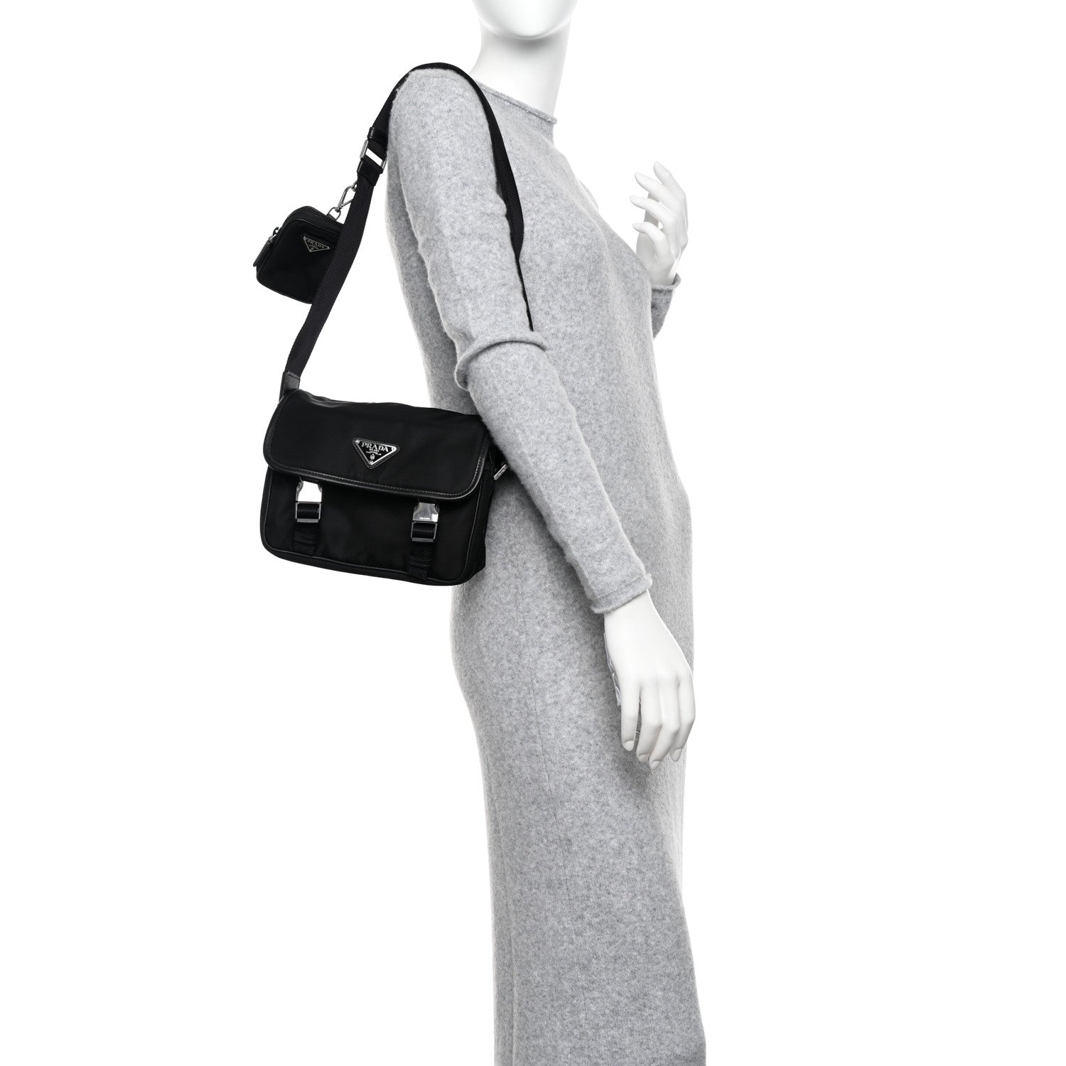 Prada Re-Nylon Saffiano Pocket Double Snap Buckle Shoulder Bag Black 2 of 12