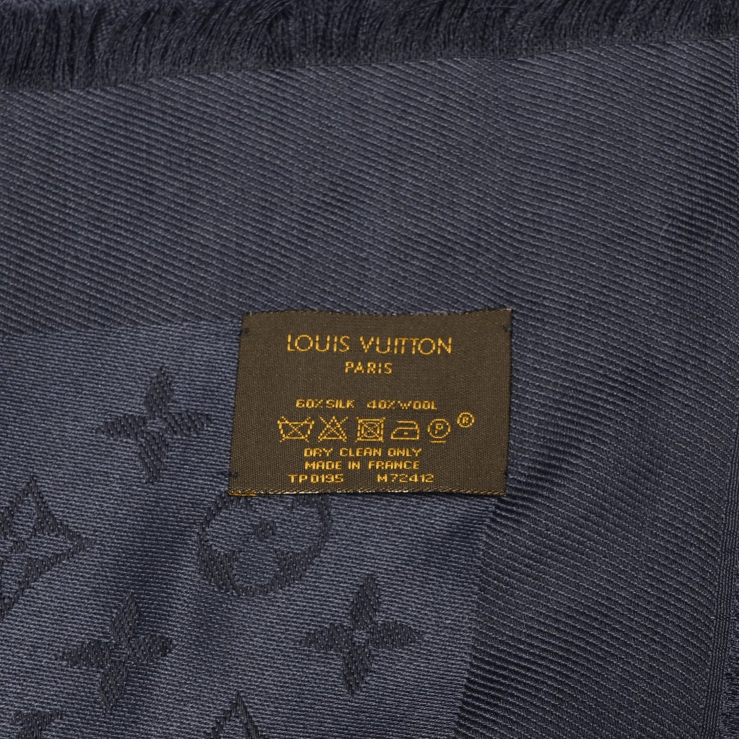 Wool Silk Monogram Shawl Blue Nuit