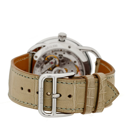 Hermes Stainless Steel Alligator Diamond Bezel Mother of Pearl 38mm Arceau Le Temps Voyageur Automatic Watch Gris Perle 3 of 5